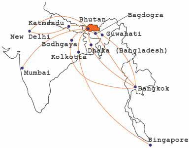 Map showing routes for flights to Bhutan from South east Asia