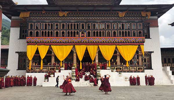 The Monks performing religious dance at Thimphu tshechu festival in Bhutan