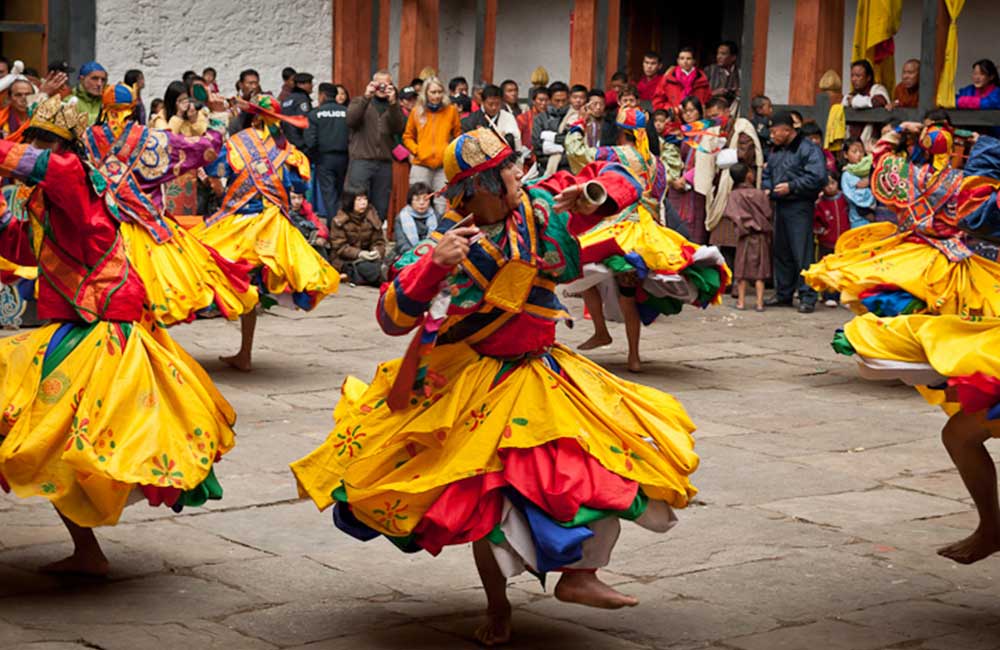 The colorful mask dance at Jakar tshechu festival in Bhutan