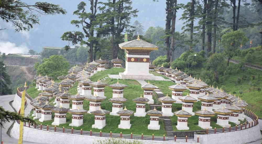 The Dochula pass (3140 m) in Bhutan, highlight of travel to Bhutan from Bangkok, Thailand.